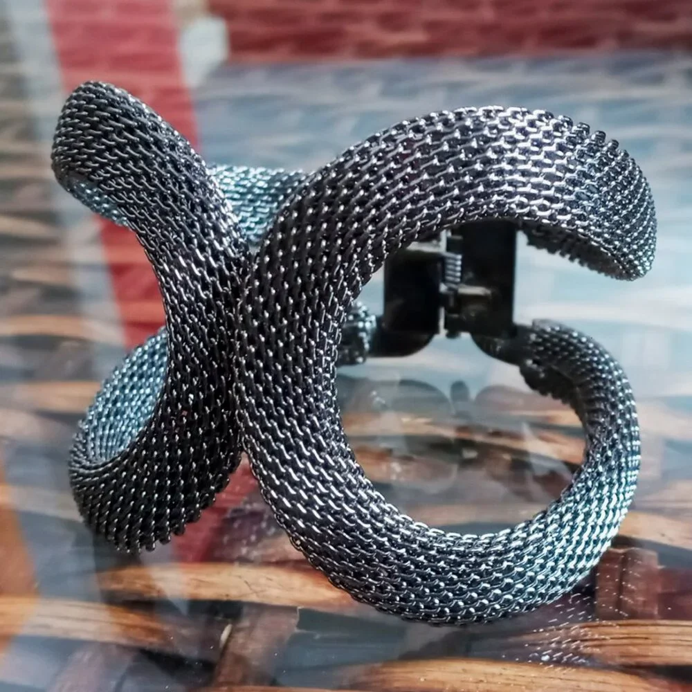 Chunky Alloy Steel Gun Metal Mesh Cuff Infinity Statement Hinge Bracelet - Picture 8 of 10